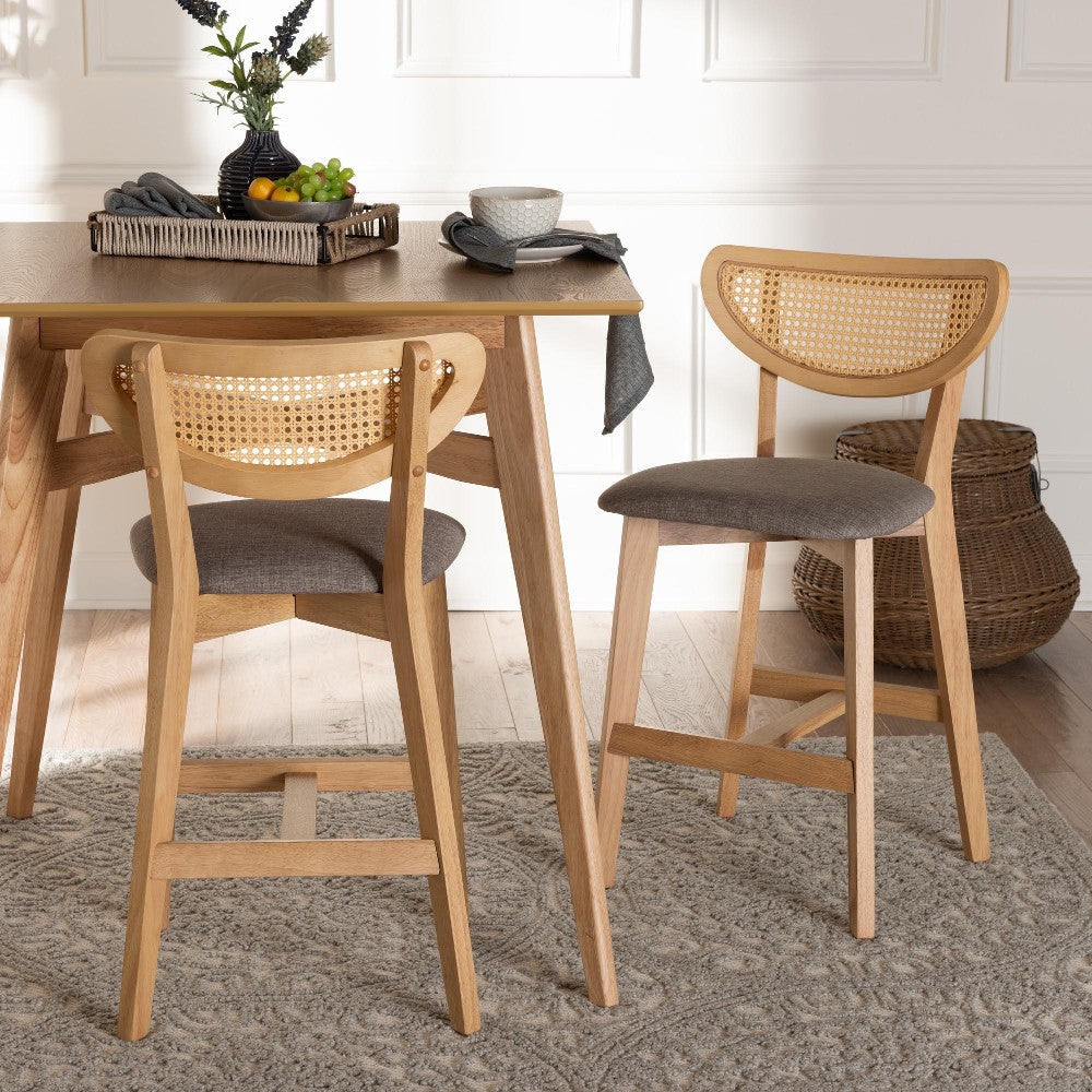 Baxton Studio Dannell Mid-Century Modern Grey Fabric and Natural Oak Finished Wood 2-Piece Counter Stool Set