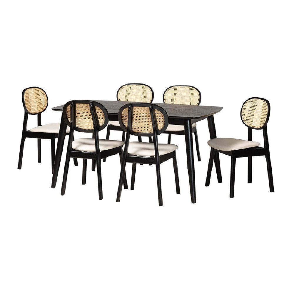 Baxton Studio Darrion Mid-Century Modern Cream Fabric and Black Finished Wood 7-Piece Dining Set WHI-CS004C-Black-Cream-7PC-Dining-Set