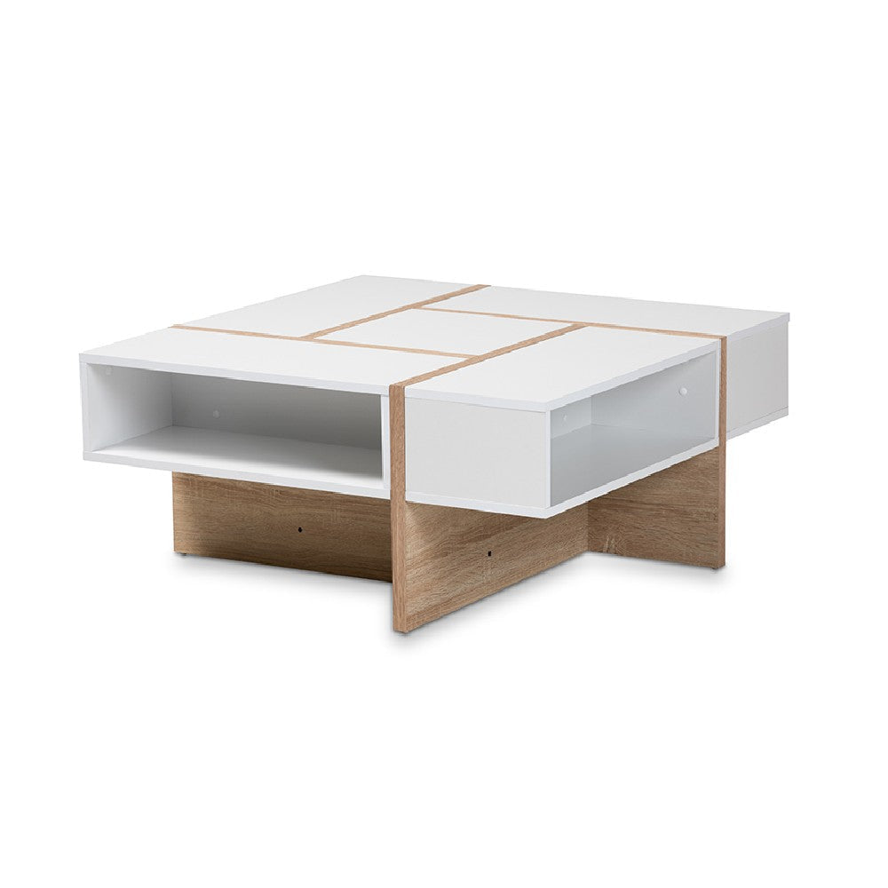 Baxton Studio Rasa Modern and Contemporary Two-Tone White and Oak Finished Wood Coffee Table WHI-CT8004-White-Oak-CT