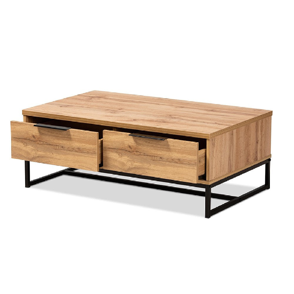 Baxton Studio Franklin Modern and Contemporary Oak Brown Finished Wood and Black Finished Metal 2-Drawer Coffee Table WHI-CT8007-Oak-CT