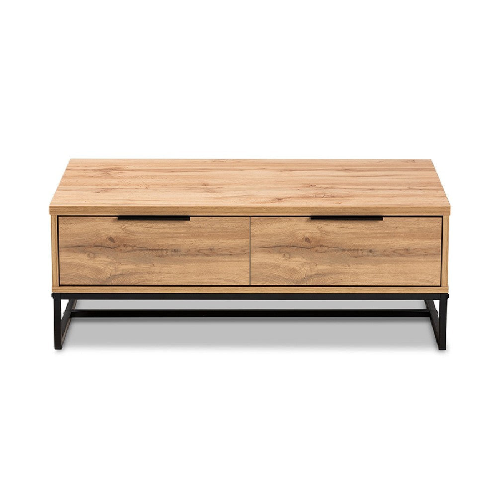 Baxton Studio Franklin Modern and Contemporary Oak Brown Finished Wood and Black Finished Metal 2-Drawer Coffee Table WHI-CT8007-Oak-CT