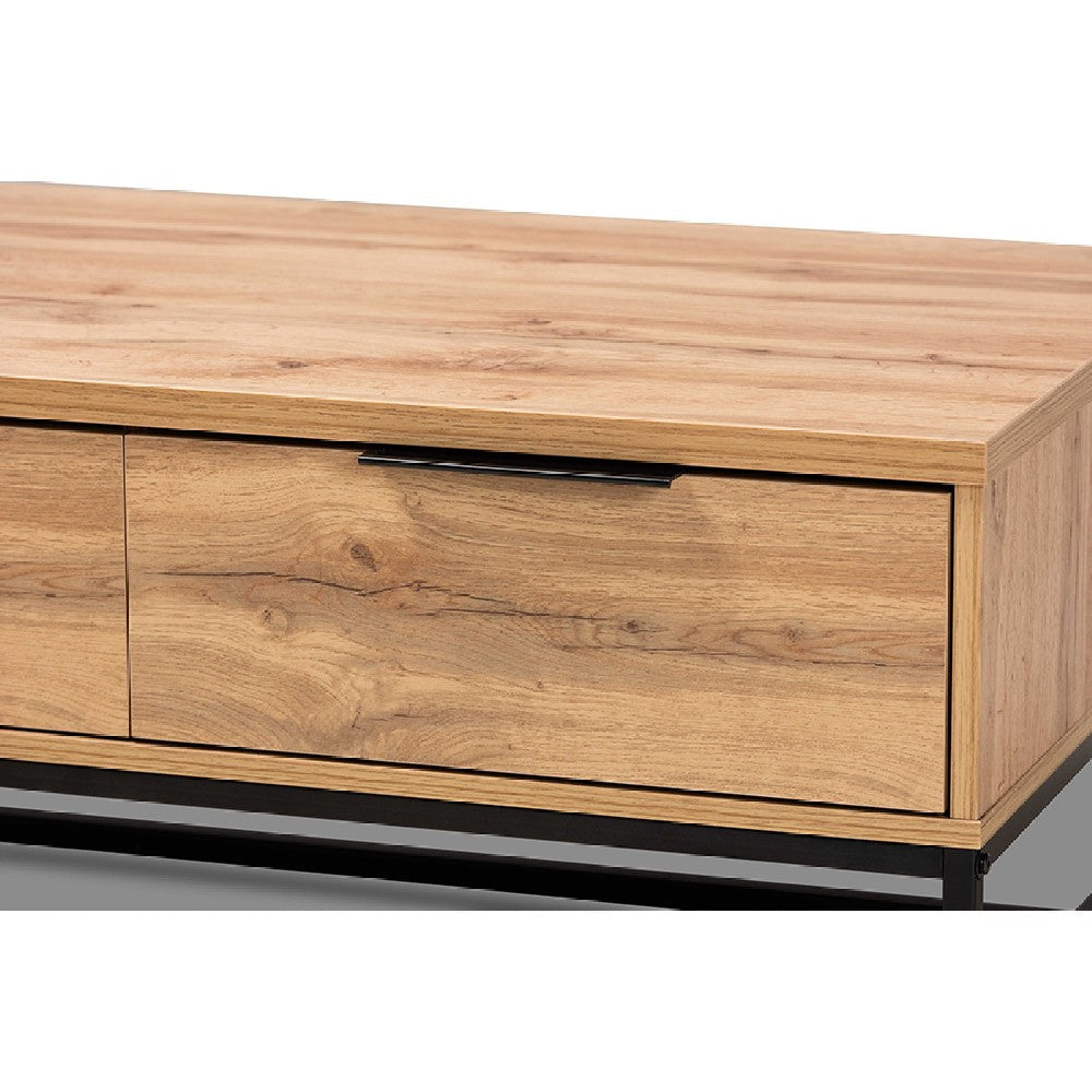 Baxton Studio Franklin Modern and Contemporary Oak Brown Finished Wood and Black Finished Metal 2-Drawer Coffee Table WHI-CT8007-Oak-CT