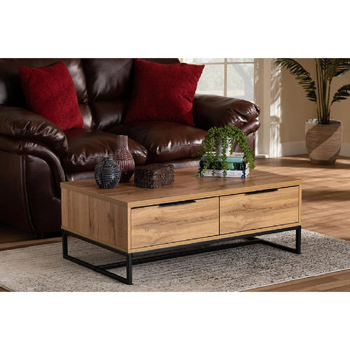 Baxton Studio Franklin Modern and Contemporary Oak Brown Finished Wood and Black Finished Metal 2-Drawer Coffee Table