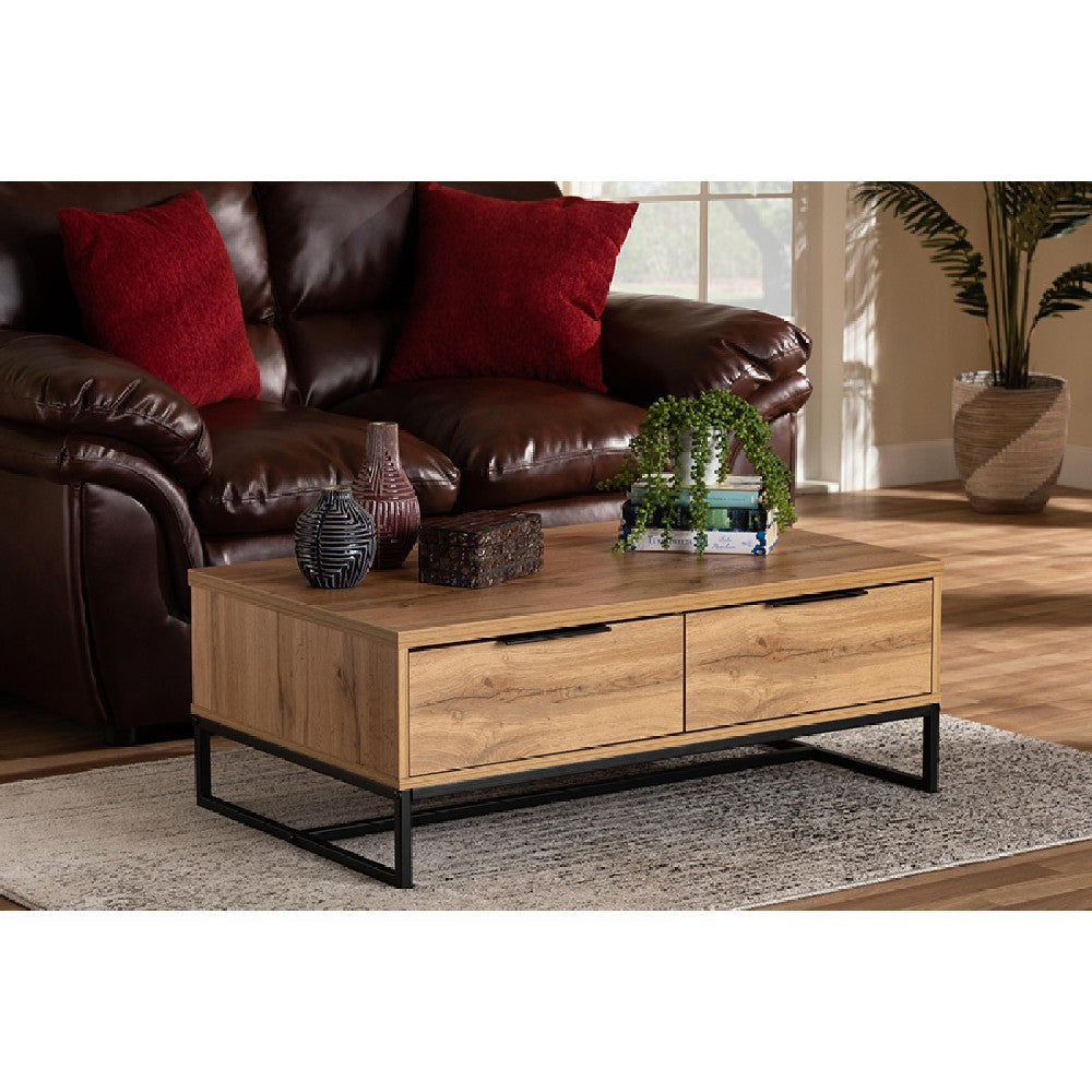 Baxton Studio Franklin Modern and Contemporary Oak Brown Finished Wood and Black Finished Metal 2-Drawer Coffee Table