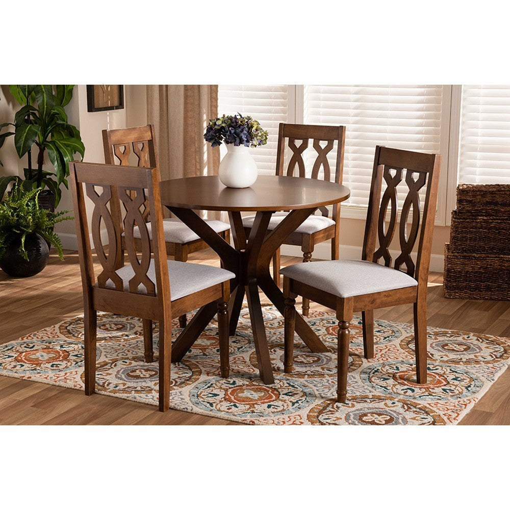 Baxton Studio Callie Modern and Contemporary Grey Fabric Upholstered and Walnut Brown Finished Wood 5-Piece Dining Set