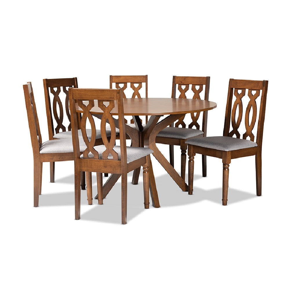 Baxton Studio Callie Modern and Contemporary Grey Fabric Upholstered and Walnut Brown Finished Wood 7-Piece Dining Set