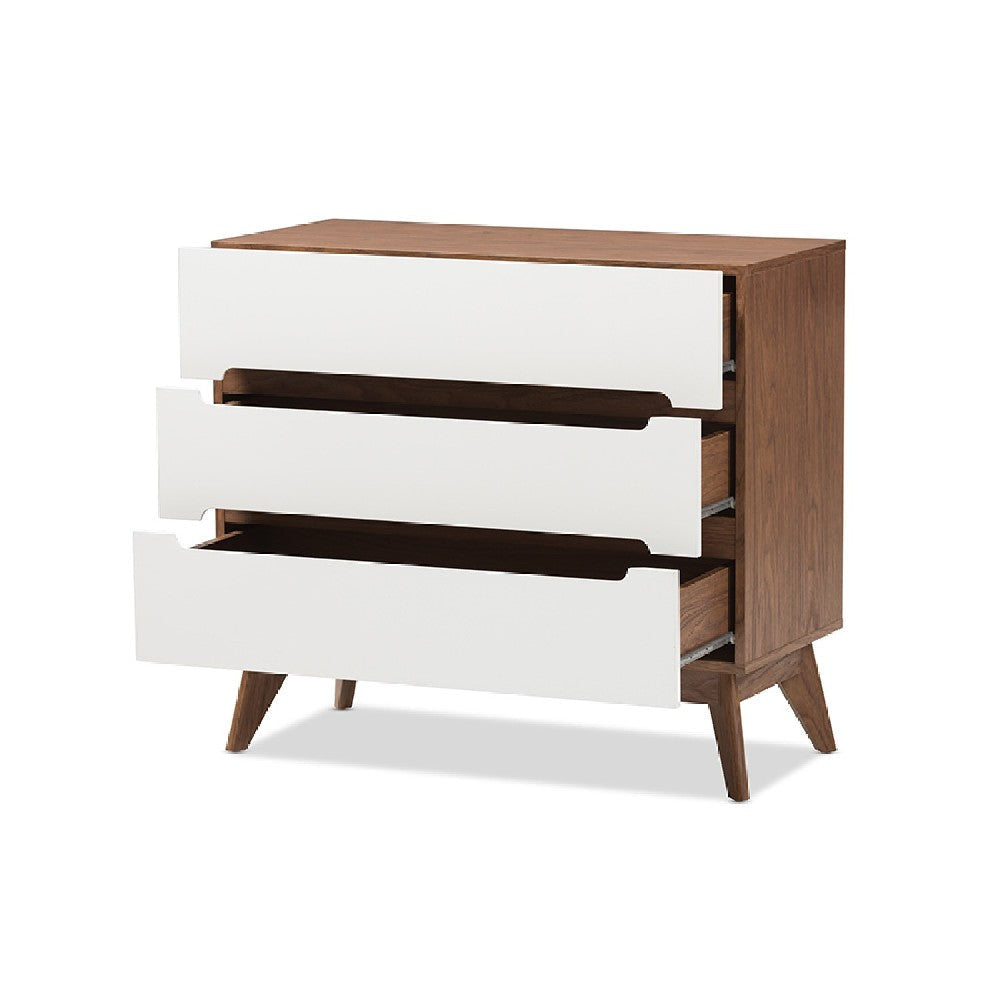 Baxton Studio Calypso Mid-Century Modern White and Walnut Wood 3-Drawer Storage Chest WHI-Calypso-Walnut-White-3DW-Chest