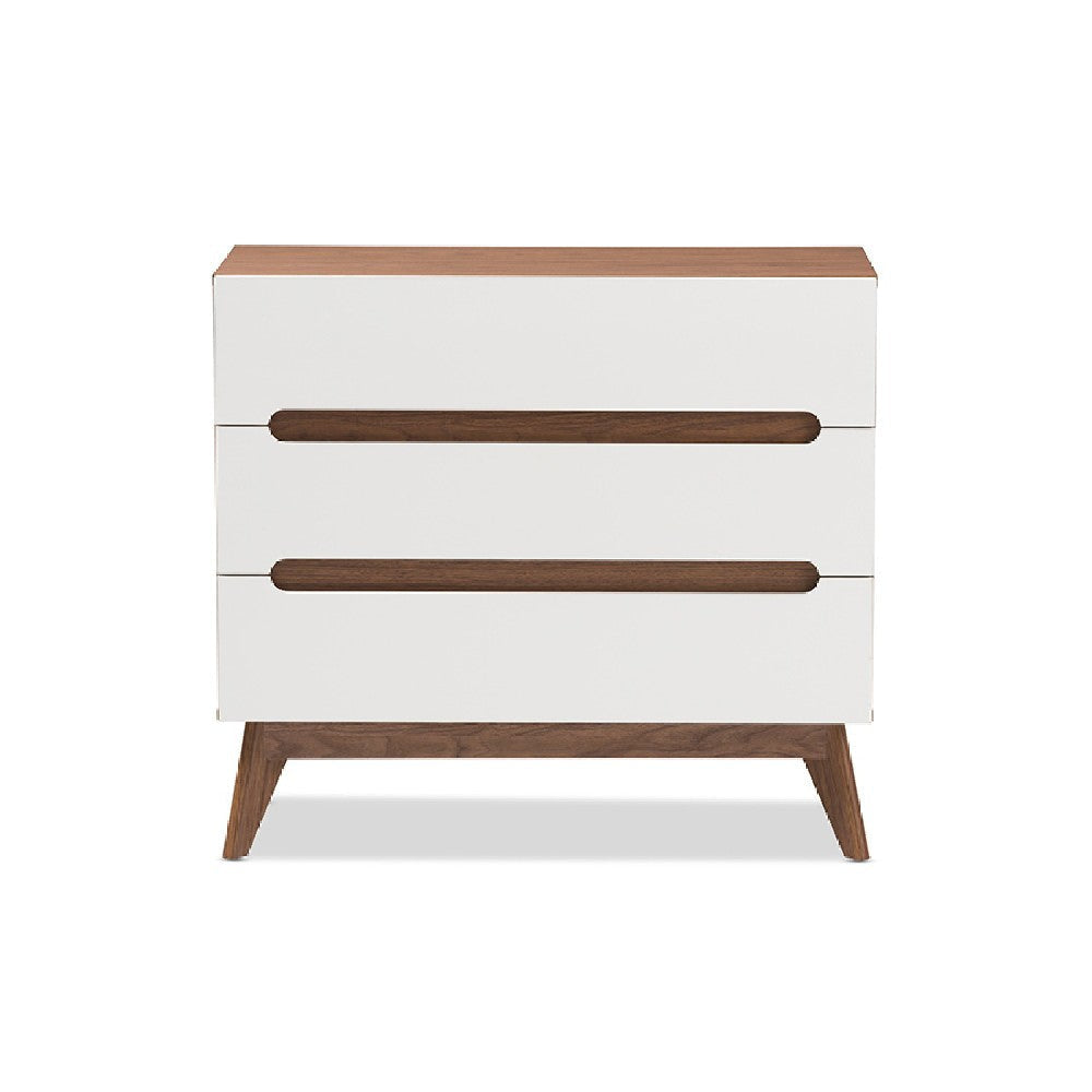 Baxton Studio Calypso Mid-Century Modern White and Walnut Wood 3-Drawer Storage Chest WHI-Calypso-Walnut-White-3DW-Chest