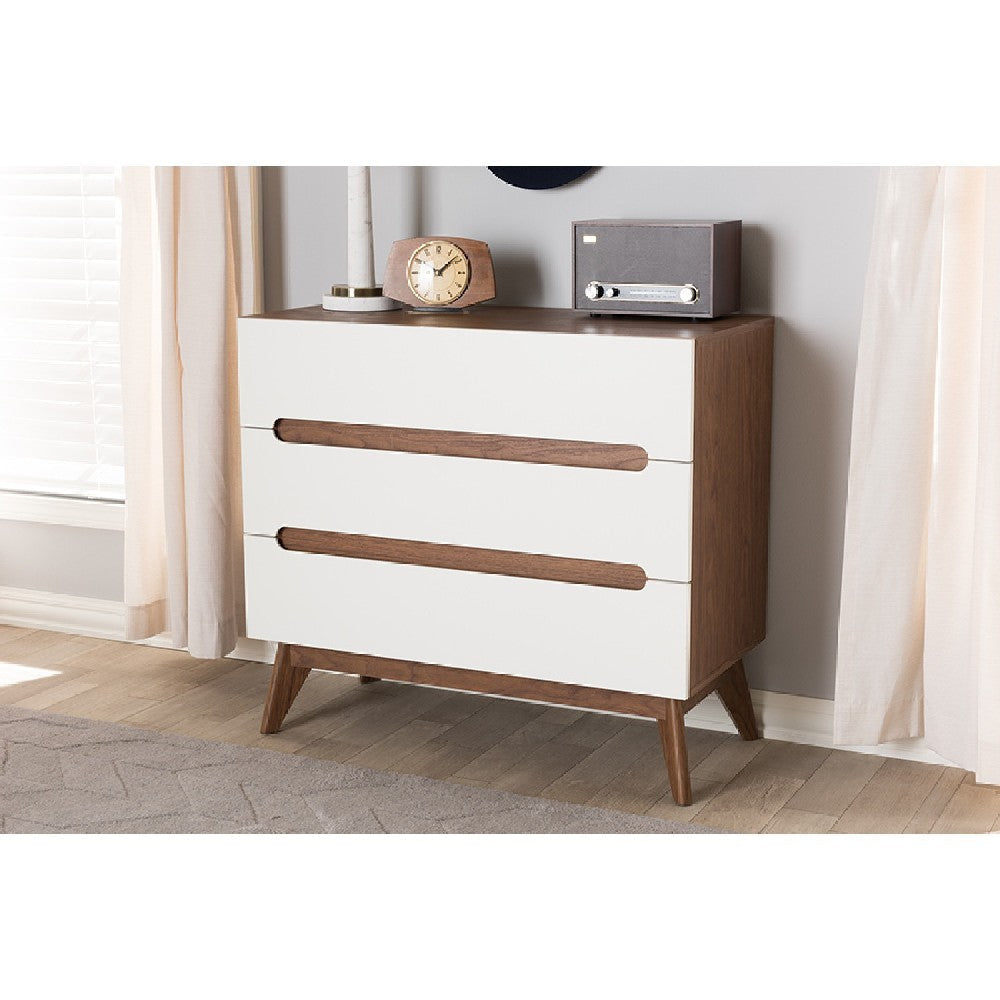 Baxton Studio Calypso Mid-Century Modern White and Walnut Wood 3-Drawer Storage Chest WHI-Calypso-Walnut-White-3DW-Chest