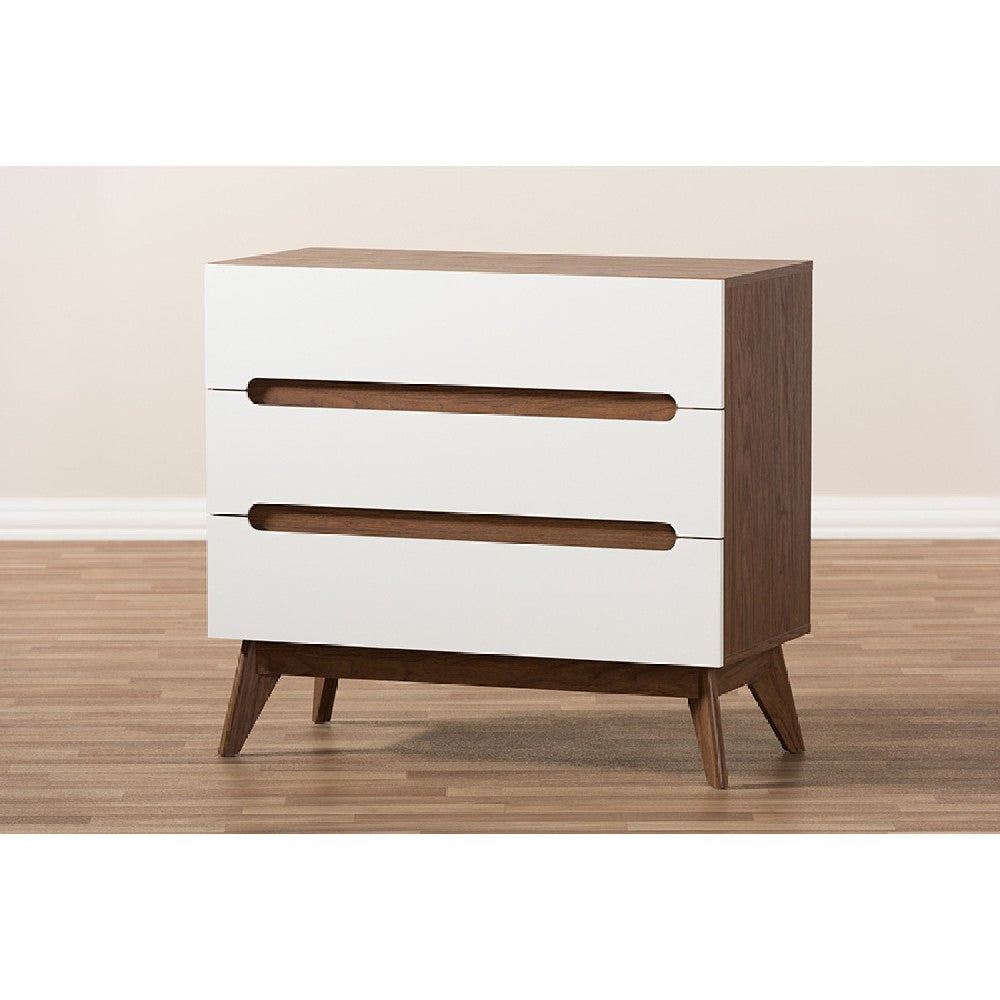 Baxton Studio Calypso Mid-Century Modern White and Walnut Wood 3-Drawer Storage Chest WHI-Calypso-Walnut-White-3DW-Chest