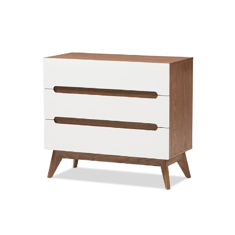 Baxton Studio Calypso Mid-Century Modern White and Walnut Wood 3-Drawer Storage Chest WHI-Calypso-Walnut-White-3DW-Chest