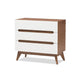 Baxton Studio Calypso Mid-Century Modern White and Walnut Wood 3-Drawer Storage Chest WHI-Calypso-Walnut-White-3DW-Chest