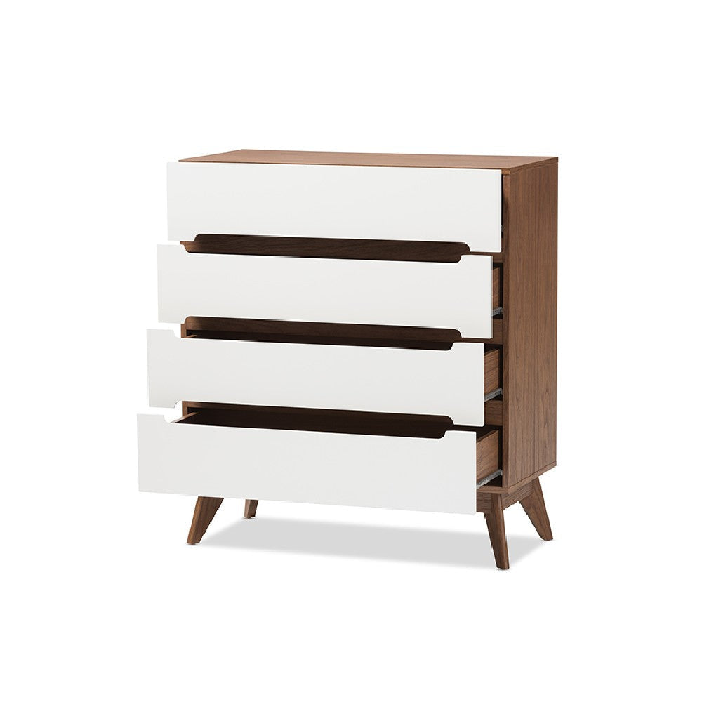 Baxton Studio Calypso Mid-Century Modern White and Walnut Wood 4-Drawer Storage Chest WHI-Calypso-Walnut-White-4DW-Chest
