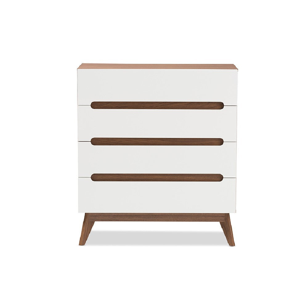 Baxton Studio Calypso Mid-Century Modern White and Walnut Wood 4-Drawer Storage Chest WHI-Calypso-Walnut-White-4DW-Chest