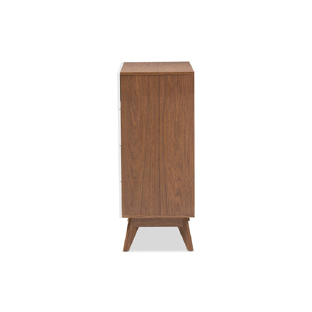 Baxton Studio Calypso Mid-Century Modern White and Walnut Wood 4-Drawer Storage Chest WHI-Calypso-Walnut-White-4DW-Chest