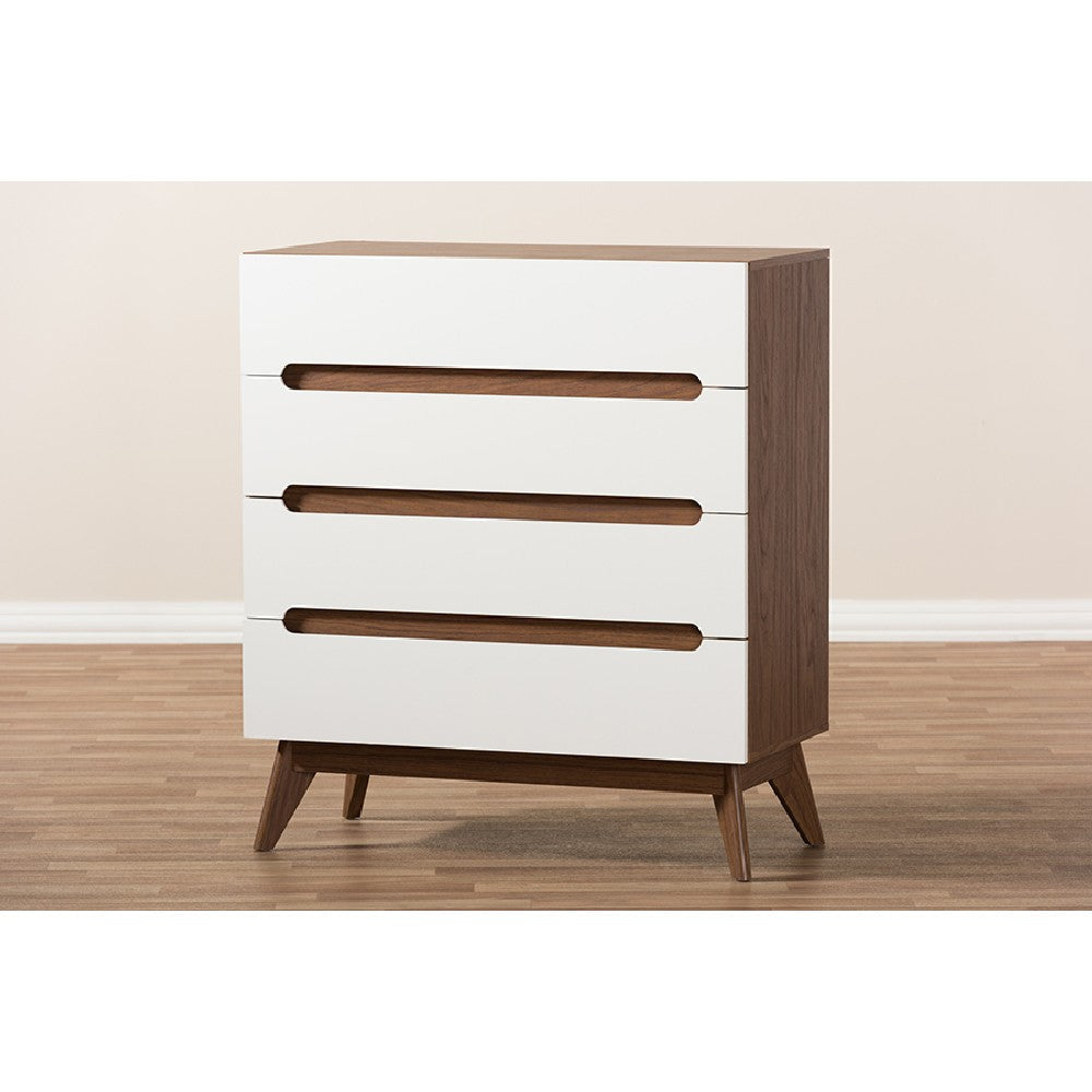 Baxton Studio Calypso Mid-Century Modern White and Walnut Wood 4-Drawer Storage Chest