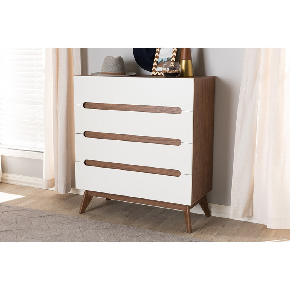 Baxton Studio Calypso Mid-Century Modern White and Walnut Wood 4-Drawer Storage Chest WHI-Calypso-Walnut-White-4DW-Chest