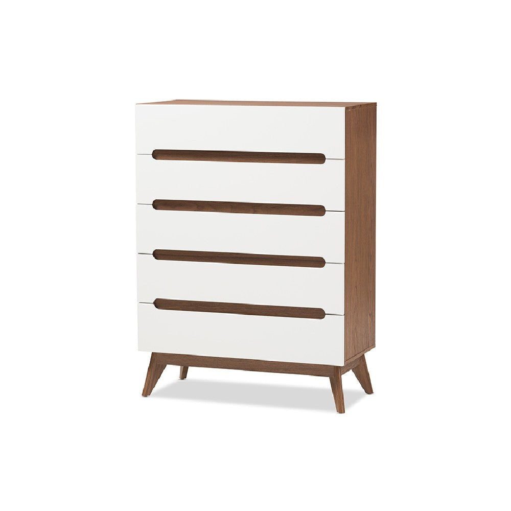 Baxton Studio Calypso Mid-Century Modern White and Walnut Wood 5-Drawer Storage Chest WHI-Calypso-Walnut-White-5DW-Chest
