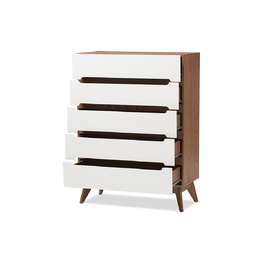 Baxton Studio Calypso Mid-Century Modern White and Walnut Wood 5-Drawer Storage Chest WHI-Calypso-Walnut-White-5DW-Chest