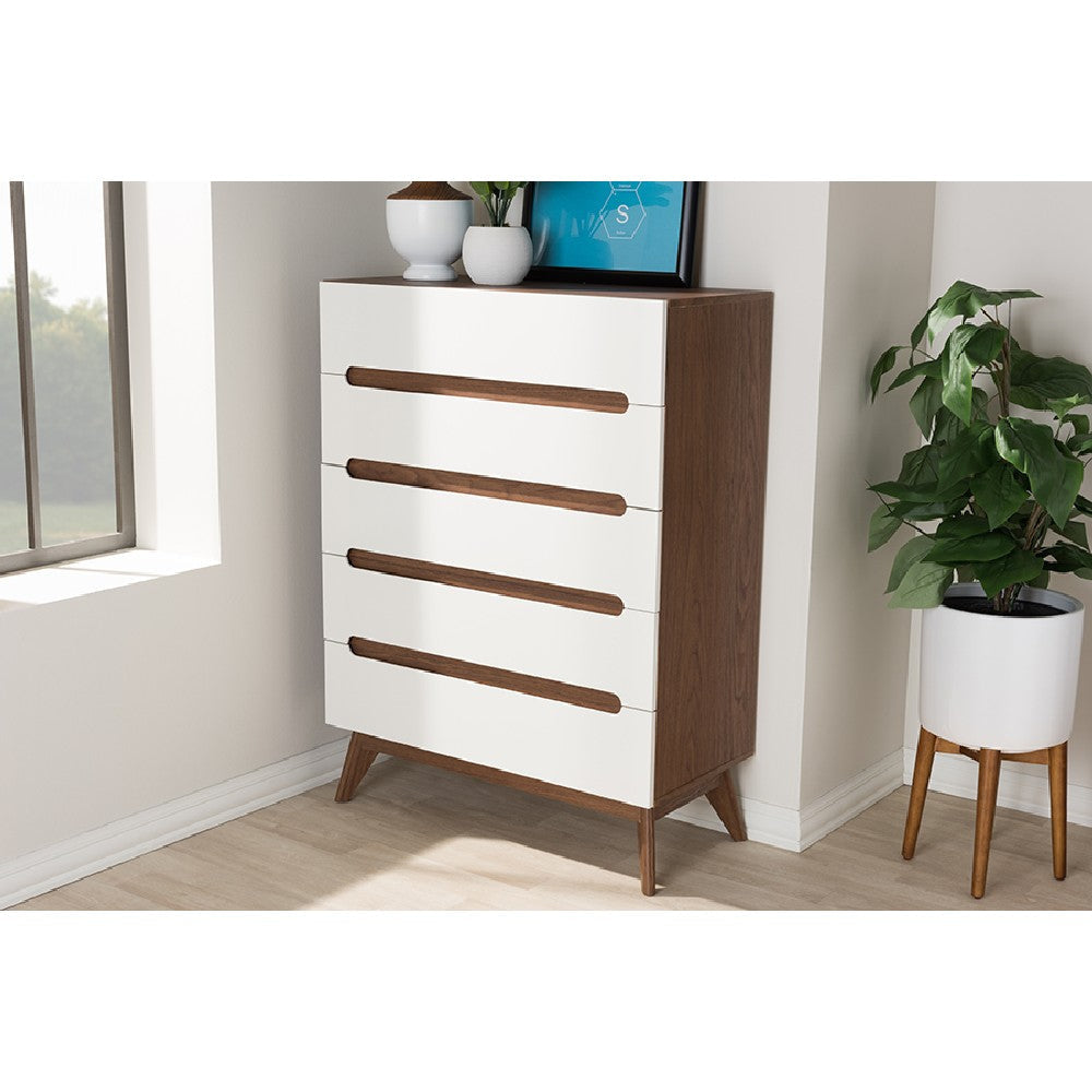 Baxton Studio Calypso Mid-Century Modern White and Walnut Wood 5-Drawer Storage Chest WHI-Calypso-Walnut-White-5DW-Chest