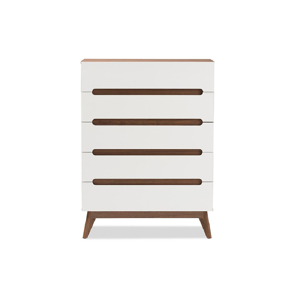 Baxton Studio Calypso Mid-Century Modern White and Walnut Wood 5-Drawer Storage Chest WHI-Calypso-Walnut-White-5DW-Chest