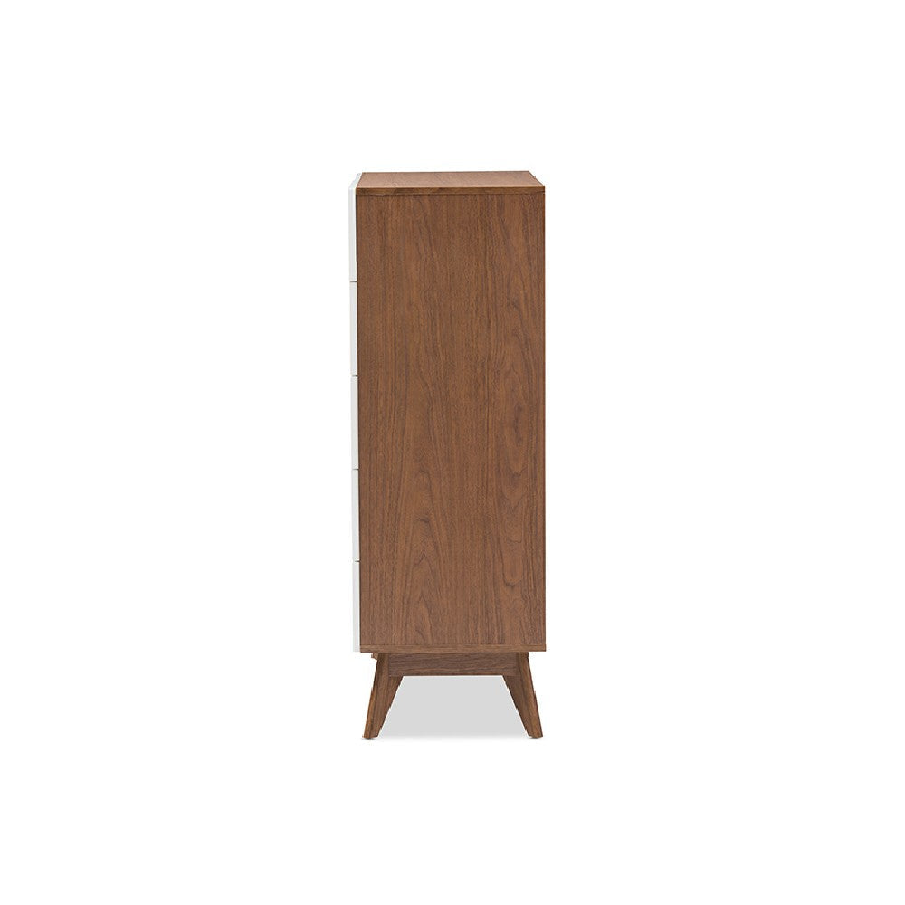 Baxton Studio Calypso Mid-Century Modern White and Walnut Wood 5-Drawer Storage Chest WHI-Calypso-Walnut-White-5DW-Chest