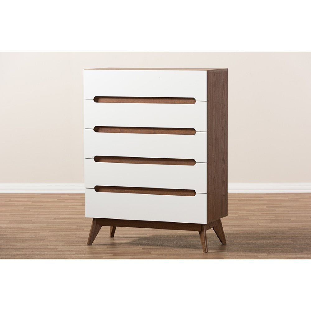 Baxton Studio Calypso Mid-Century Modern White and Walnut Wood 5-Drawer Storage Chest