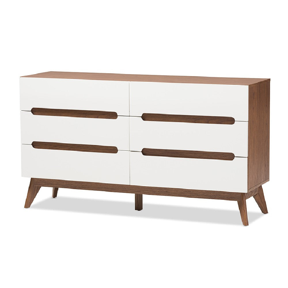 Baxton Studio Calypso Mid-Century Modern White and Walnut Wood 6-Drawer Storage Dresser WHI-Calypso-Walnut-White-6DW-Chest