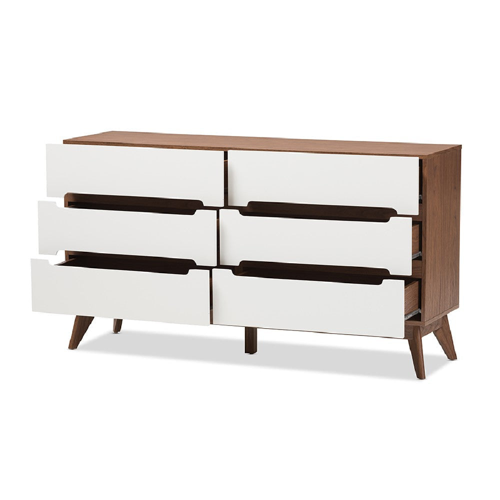 Baxton Studio Calypso Mid-Century Modern White and Walnut Wood 6-Drawer Storage Dresser WHI-Calypso-Walnut-White-6DW-Chest