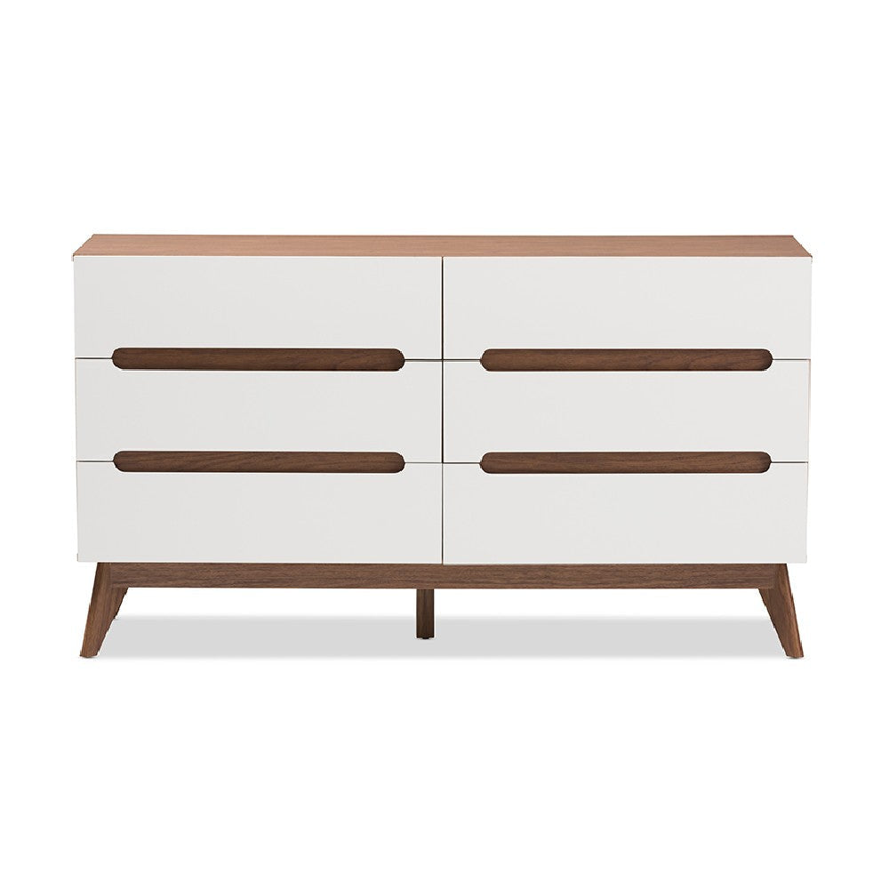 Baxton Studio Calypso Mid-Century Modern White and Walnut Wood 6-Drawer Storage Dresser WHI-Calypso-Walnut-White-6DW-Chest