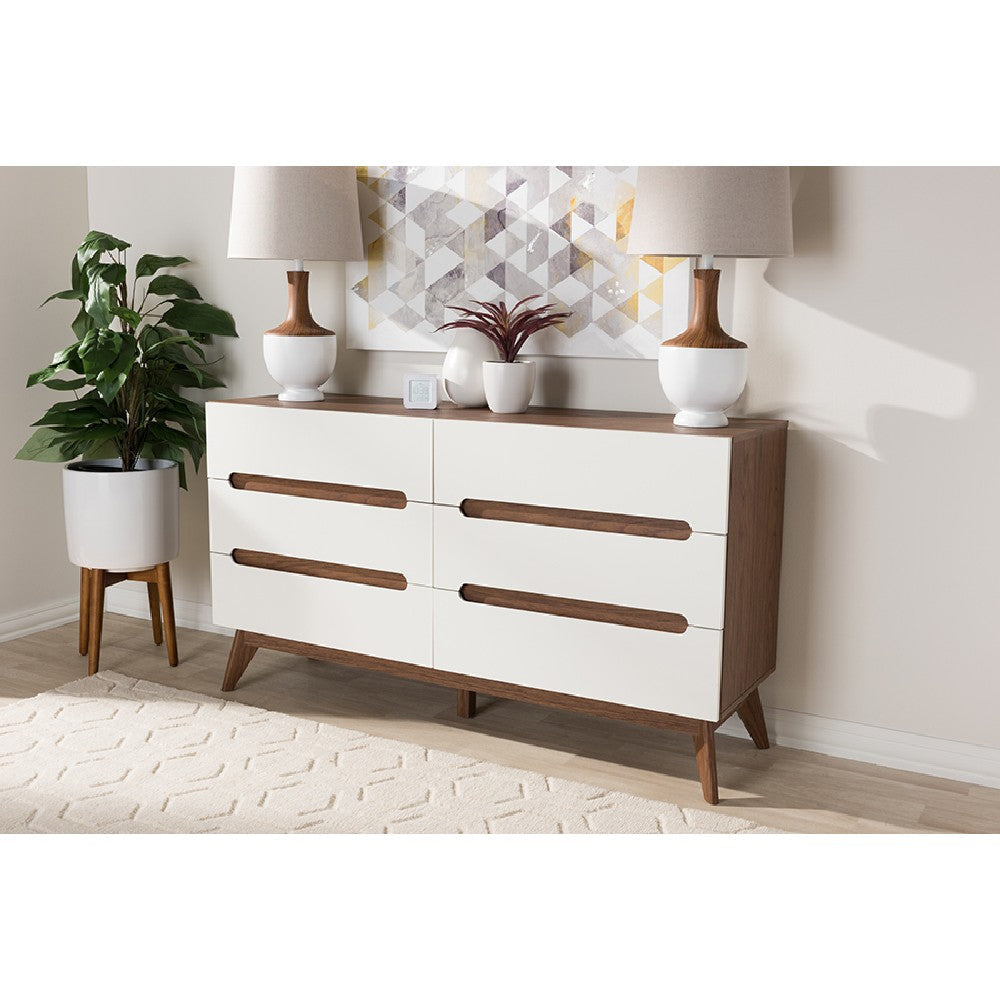 Baxton Studio Calypso Mid-Century Modern White and Walnut Wood 6-Drawer Storage Dresser WHI-Calypso-Walnut-White-6DW-Chest