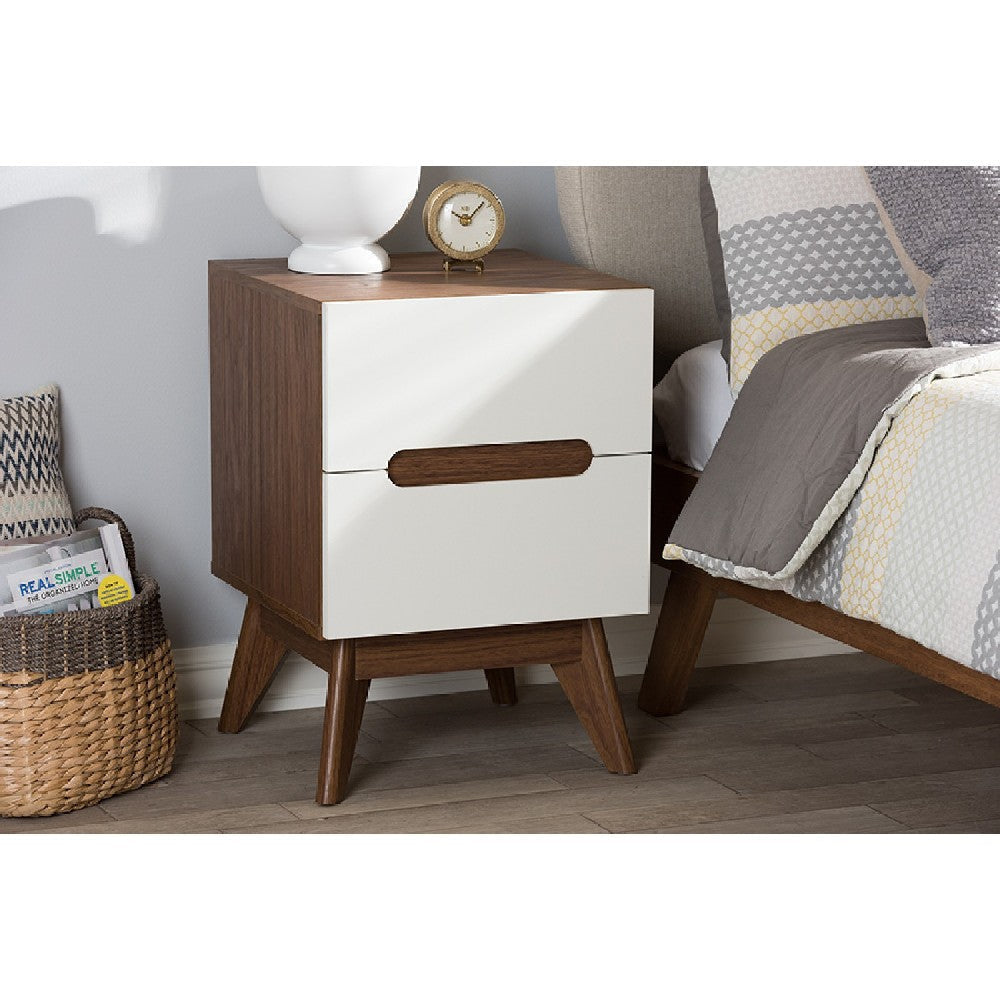 Baxton Studio Calypso Mid-Century Modern White and Walnut Wood 3-Drawer Storage Nightstand WHI-Calypso-Walnut-White-NS