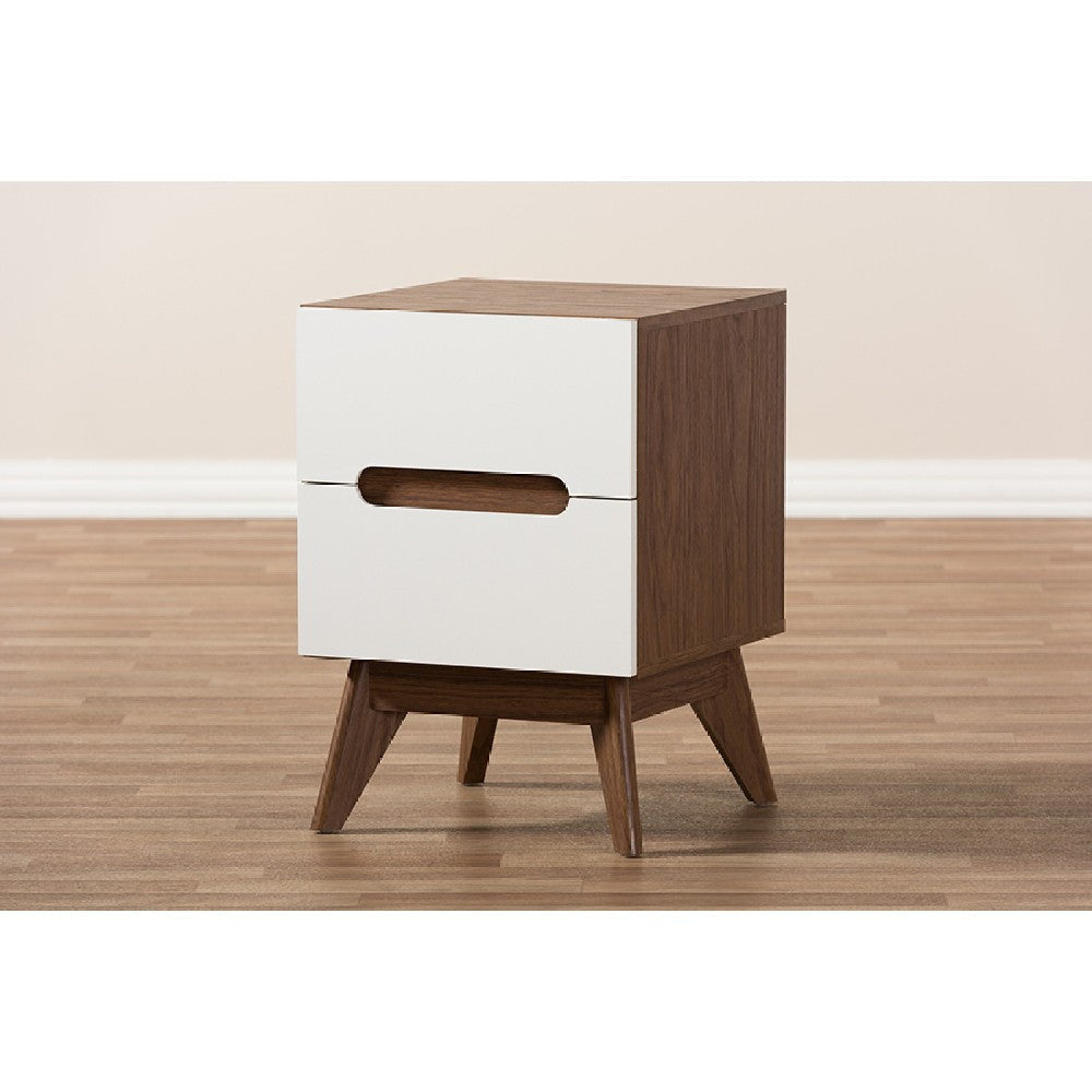 Baxton Studio Calypso Mid-Century Modern White and Walnut Wood 3-Drawer Storage Nightstand WHI-Calypso-Walnut-White-NS