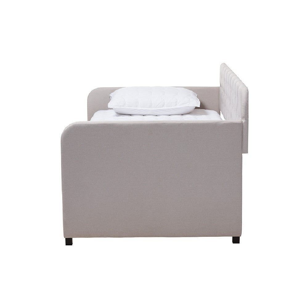 Baxton Studio Camelia Modern and Contemporary Beige Fabric Upholstered Button-Tufted Twin Size Sofa Daybed with Roll-Out Trundle Guest Bed