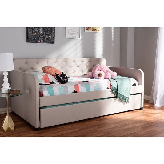 Baxton Studio Camelia Modern and Contemporary Beige Fabric Upholstered Button-Tufted Twin Size Sofa Daybed with Roll-Out Trundle Guest Bed