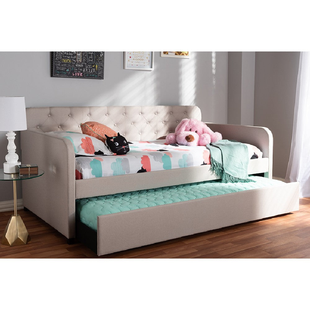 Baxton Studio Camelia Modern and Contemporary Beige Fabric Upholstered Button-Tufted Twin Size Sofa Daybed with Roll-Out Trundle Guest Bed