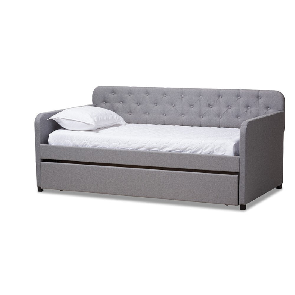 Baxton Studio Camelia Modern and Contemporary Grey Fabric Upholstered Button-Tufted Twin Size Sofa Daybed with Roll-Out Trundle Guest Bed