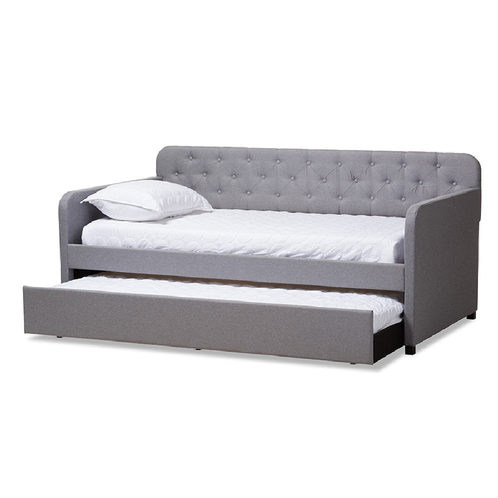 Baxton Studio Camelia Modern and Contemporary Grey Fabric Upholstered Button-Tufted Twin Size Sofa Daybed with Roll-Out Trundle Guest Bed