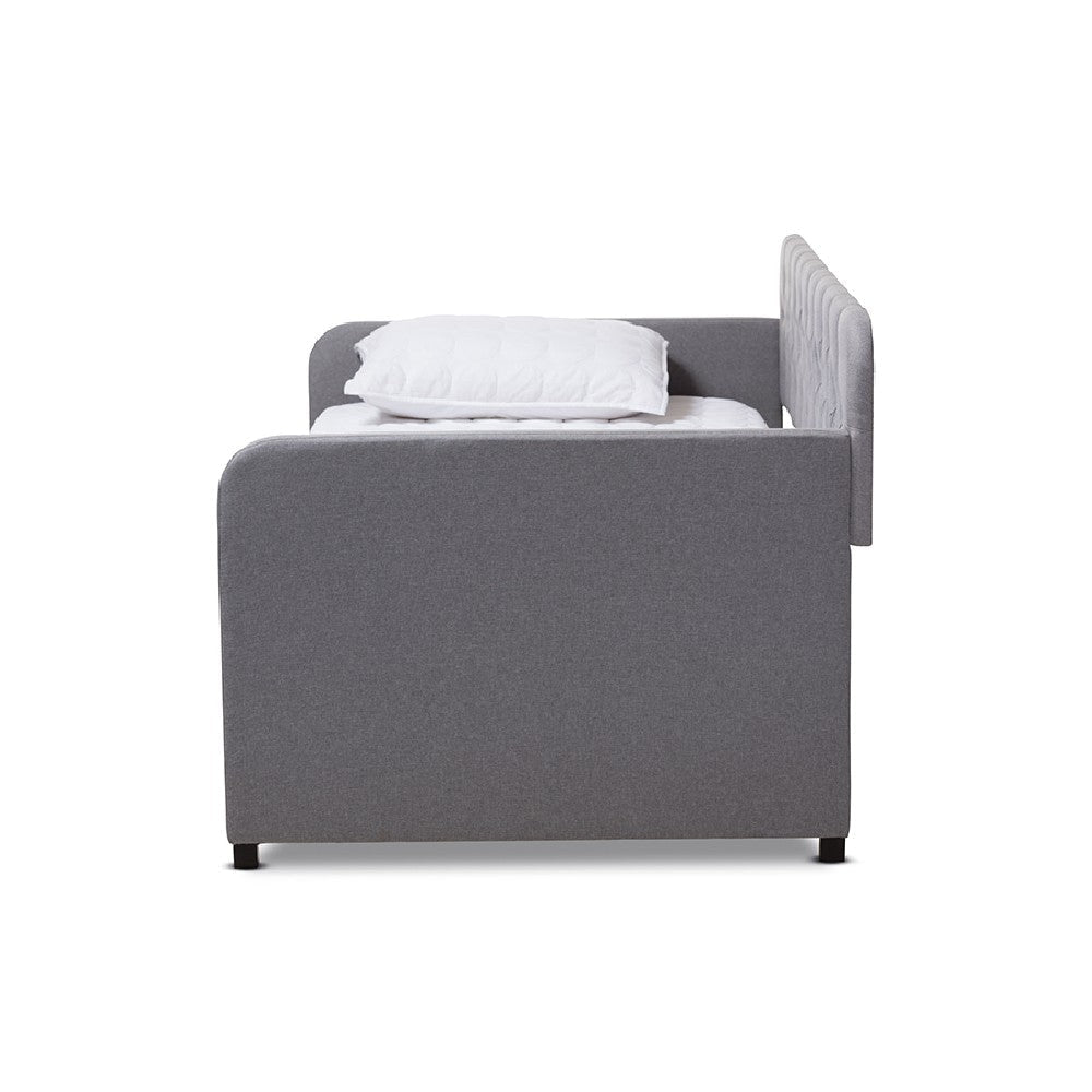 Baxton Studio Camelia Modern and Contemporary Grey Fabric Upholstered Button-Tufted Twin Size Sofa Daybed with Roll-Out Trundle Guest Bed