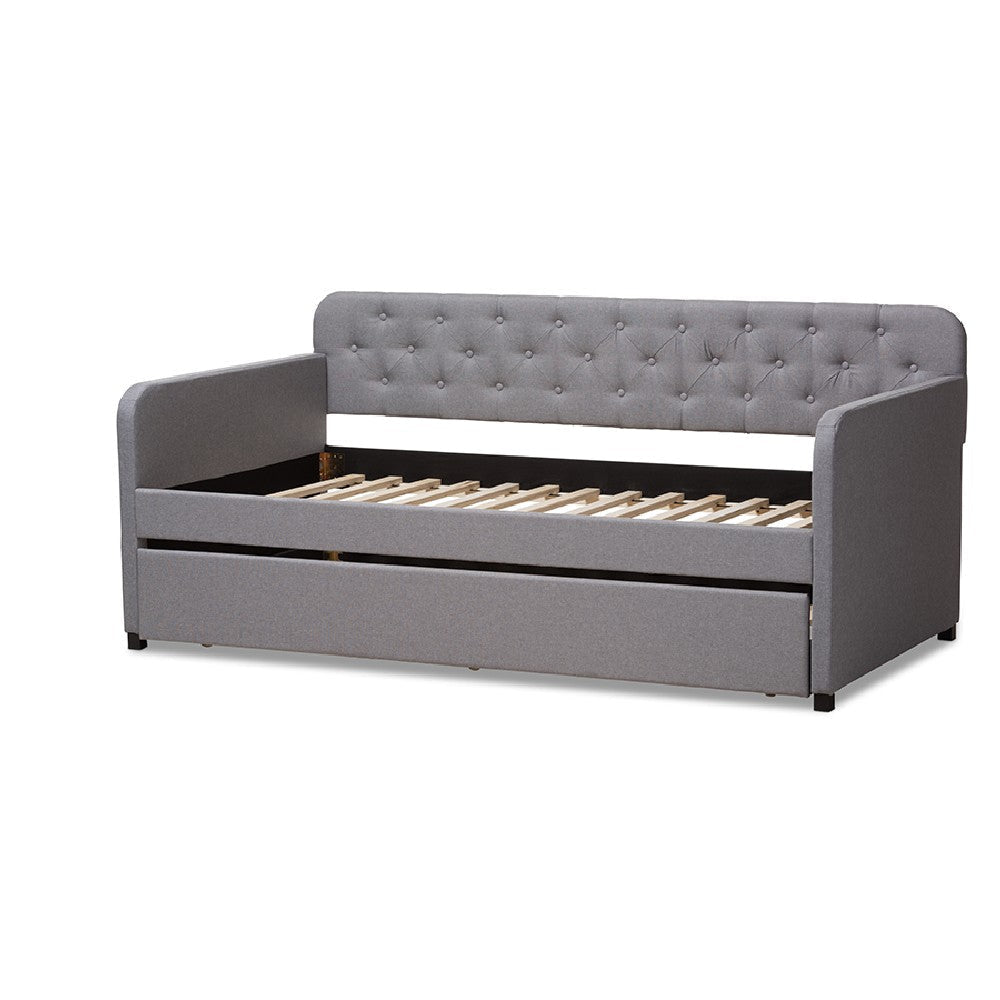 Baxton Studio Camelia Modern and Contemporary Grey Fabric Upholstered Button-Tufted Twin Size Sofa Daybed with Roll-Out Trundle Guest Bed