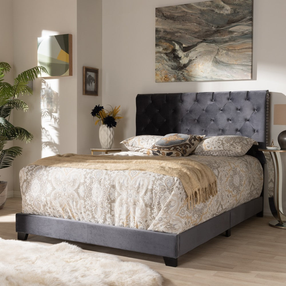 Baxton Studio Candace Luxe and Glamour Dark Grey Velvet Upholstered King Size Bed WHI-Candace-Grey-King