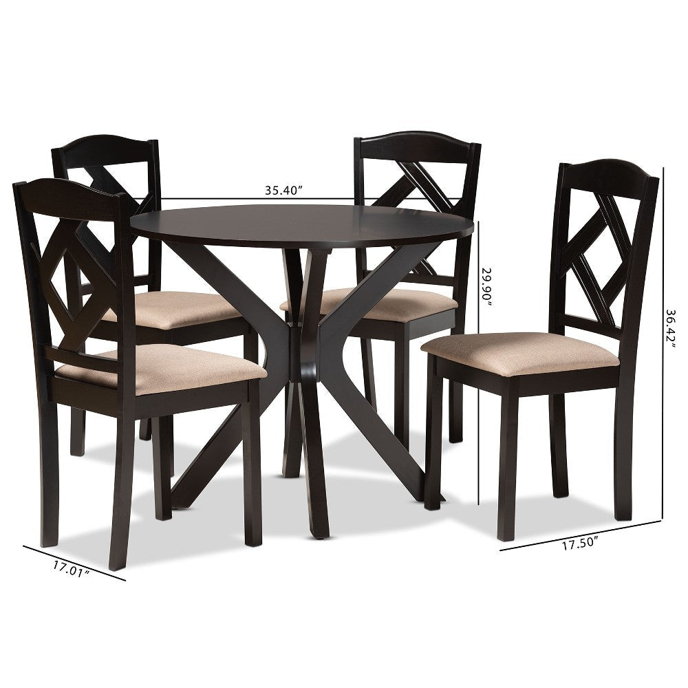 Baxton Studio Carlin Sand Fabric Upholstered and Dark Brown Finished Wood 5-Piece Dining Set WHI-Carlin-Sand-Dark-Brown-5PC-Dining-Set