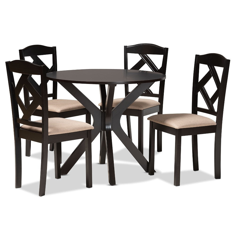 Baxton Studio Carlin Sand Fabric Upholstered and Dark Brown Finished Wood 5-Piece Dining Set WHI-Carlin-Sand-Dark-Brown-5PC-Dining-Set