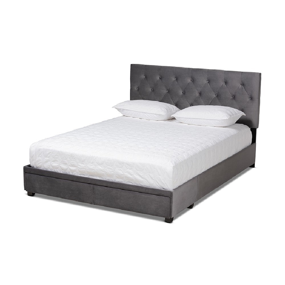 Baxton Studio Caronia Modern and Contemporary Grey Velvet Fabric Upholstered 2-Drawer Queen Size Platform Storage Bed