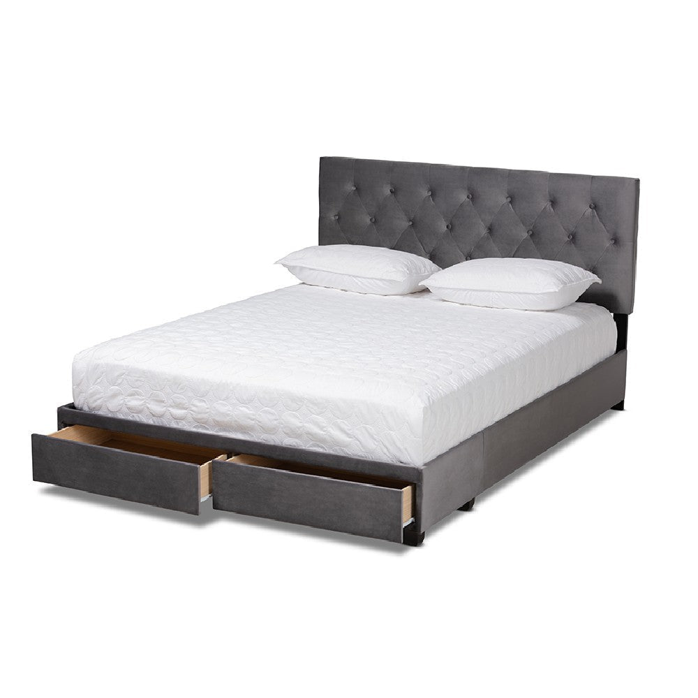 Baxton Studio Caronia Modern and Contemporary Grey Velvet Fabric Upholstered 2-Drawer Queen Size Platform Storage Bed