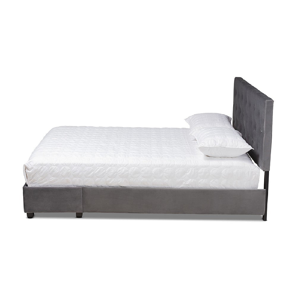 Baxton Studio Caronia Modern and Contemporary Grey Velvet Fabric Upholstered 2-Drawer Queen Size Platform Storage Bed