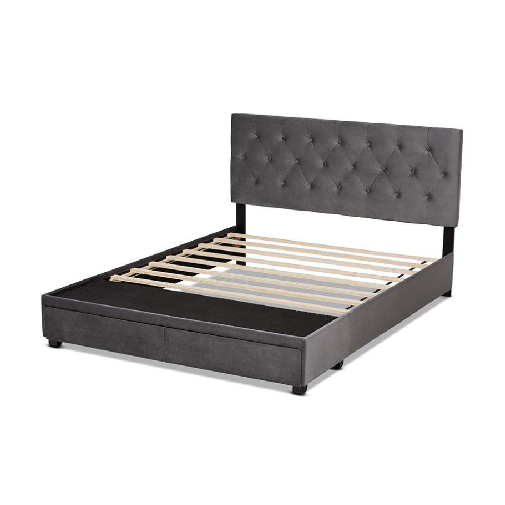 Baxton Studio Caronia Modern and Contemporary Grey Velvet Fabric Upholstered 2-Drawer Queen Size Platform Storage Bed