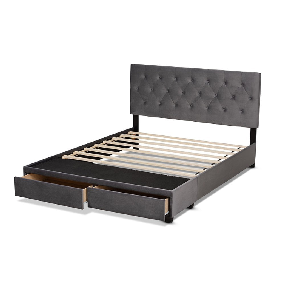 Baxton Studio Caronia Modern and Contemporary Grey Velvet Fabric Upholstered 2-Drawer Queen Size Platform Storage Bed