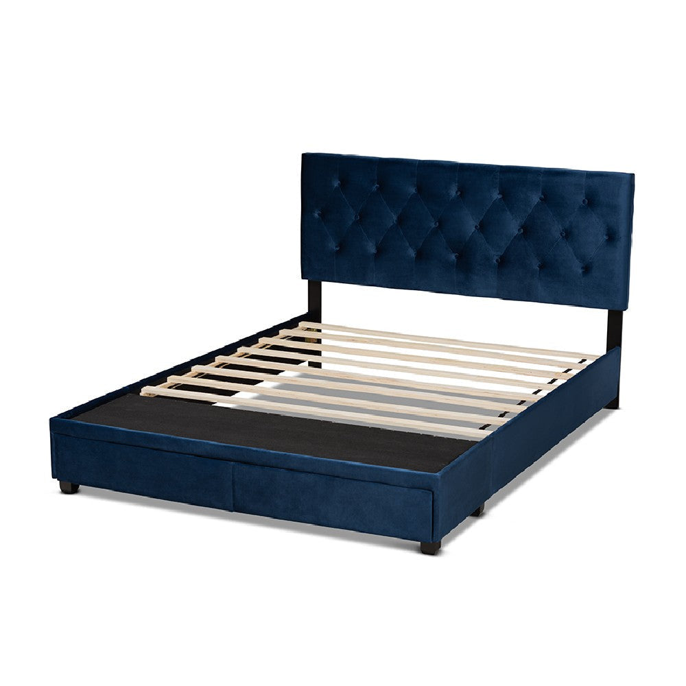 Baxton Studio Caronia Modern and Contemporary Navy Blue Velvet Fabric Upholstered 2-Drawer Queen Size Platform Storage Bed