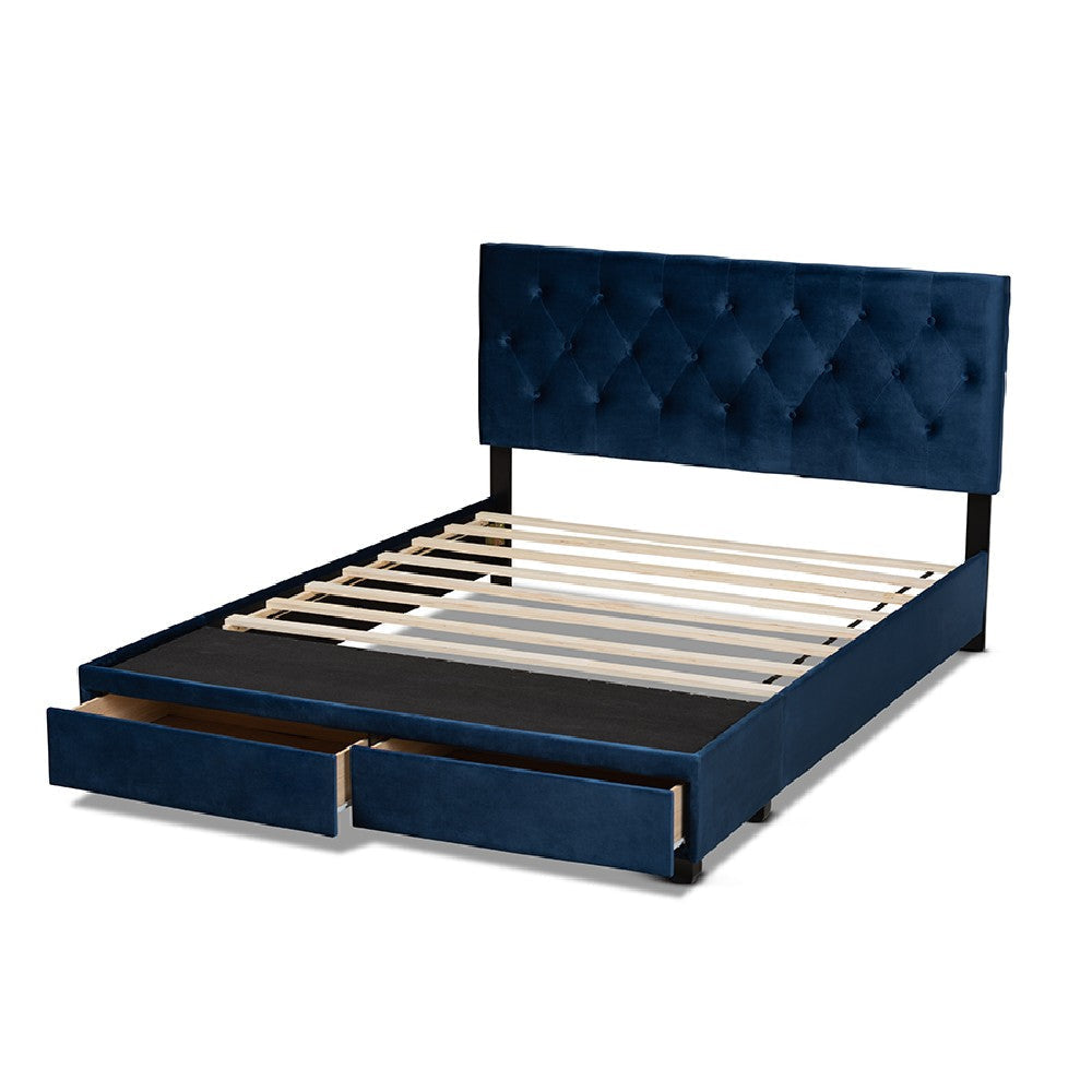 Baxton Studio Caronia Modern and Contemporary Navy Blue Velvet Fabric Upholstered 2-Drawer Queen Size Platform Storage Bed